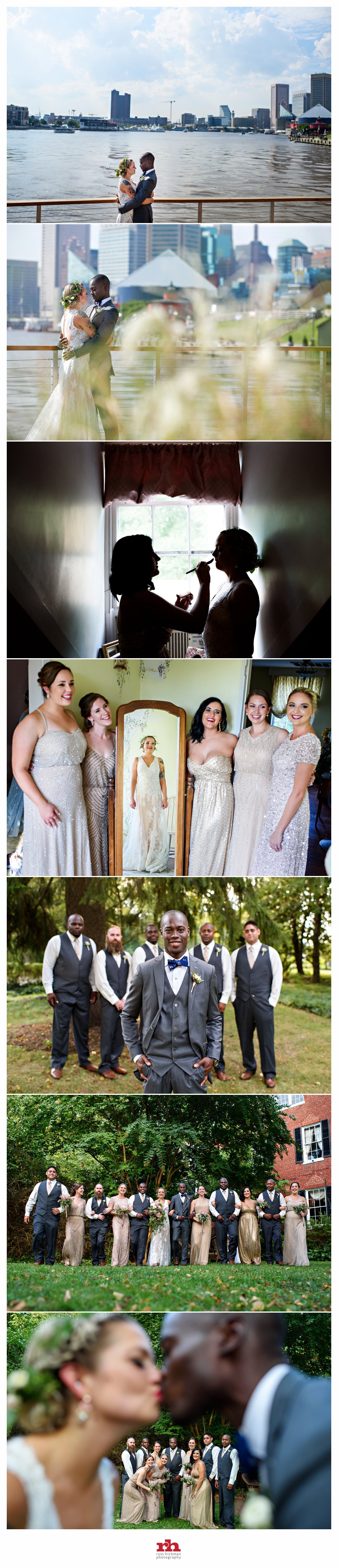 A wedding couple pose with their wedding party on the grounds at the Elkridge Furnace Inn.